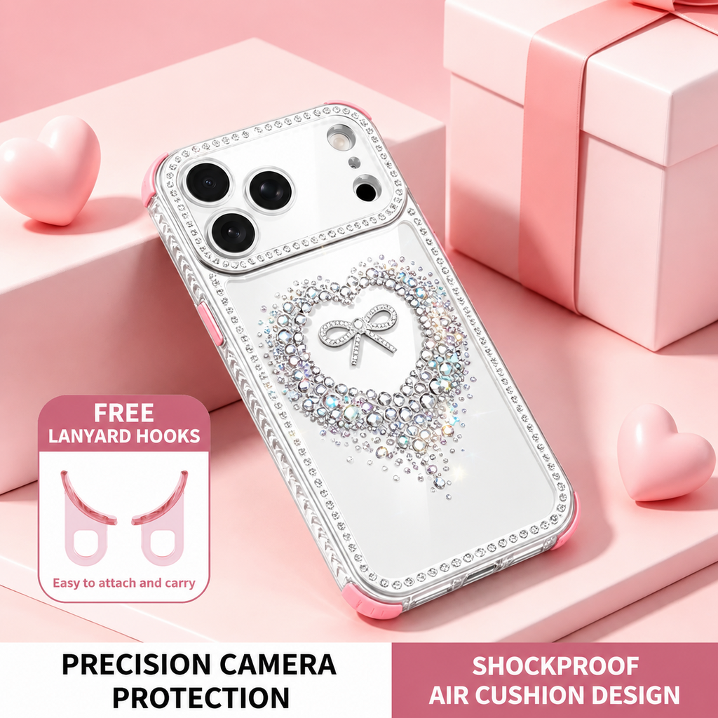 LuxeHeart Rhinestone Sparkle Case – Crystal Bling Shockproof Cover with FREE Lanyard Hooks