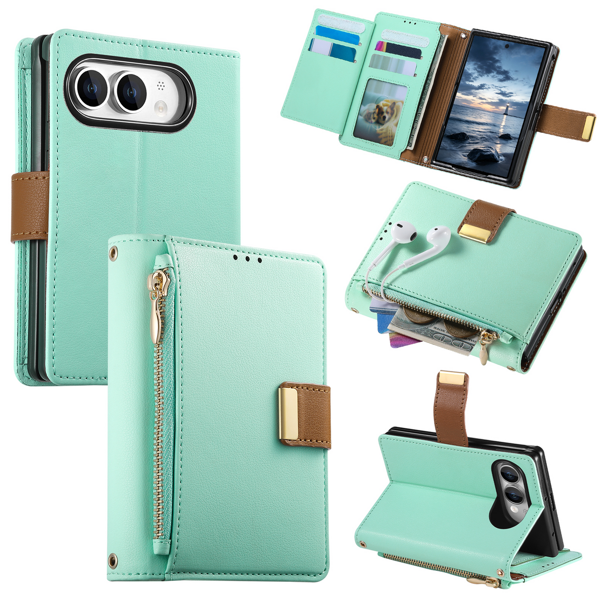 iPhone Duo Luxe Wallet Case with Zipper Pocket, Card Holder & Kickstand