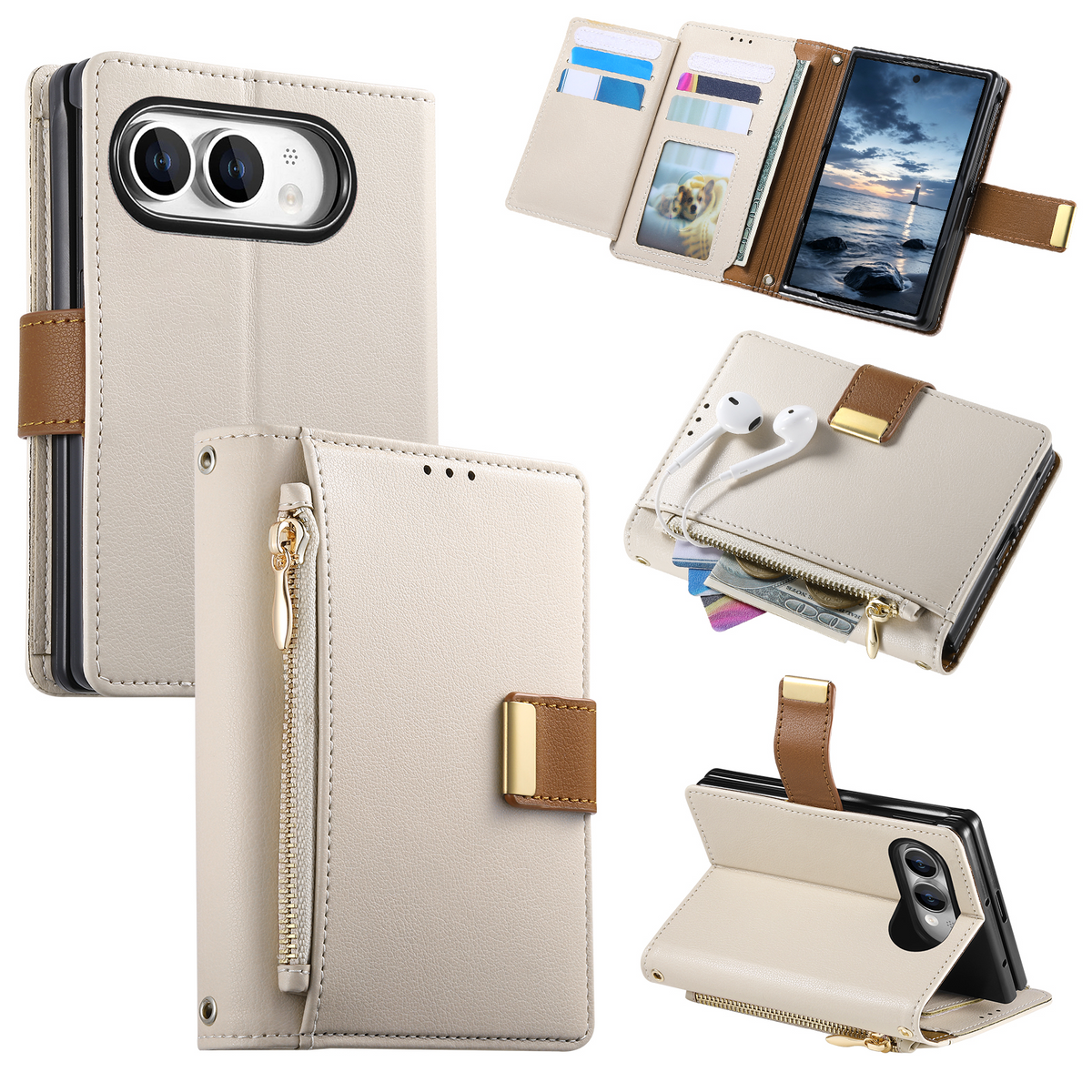 iPhone Duo Luxe Wallet Case with Zipper Pocket, Card Holder & Kickstand