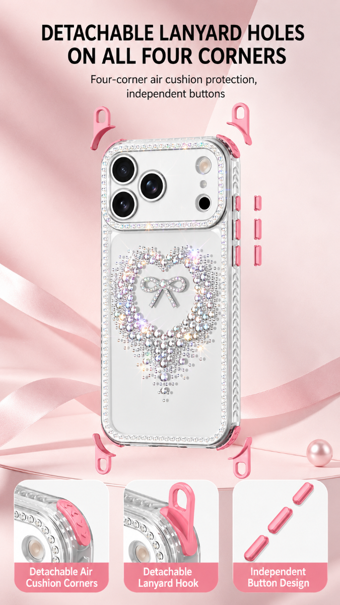 LuxeHeart Rhinestone Sparkle Case – Crystal Bling Shockproof Cover with FREE Lanyard Hooks