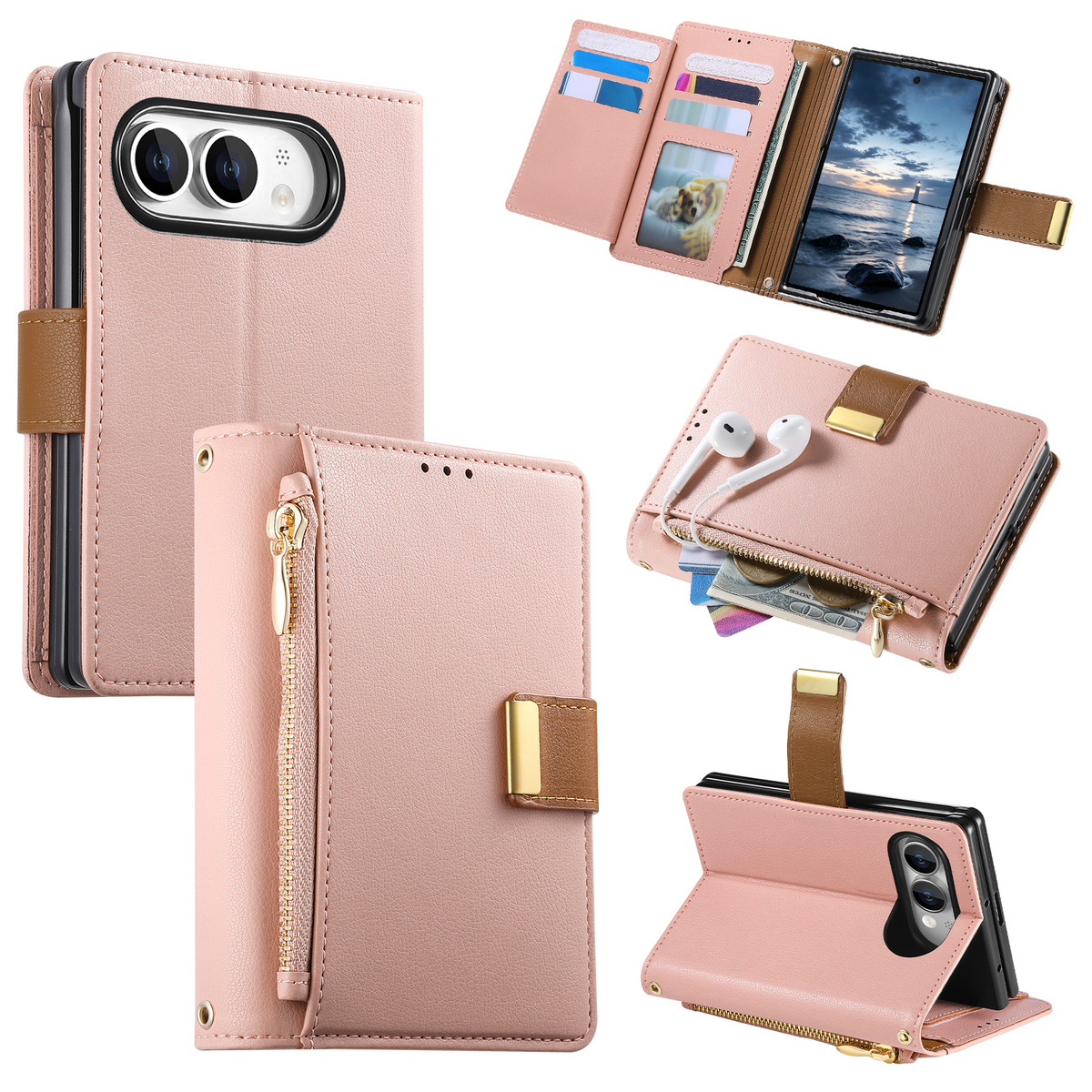 iPhone Duo Luxe Wallet Case with Zipper Pocket, Card Holder & Kickstand