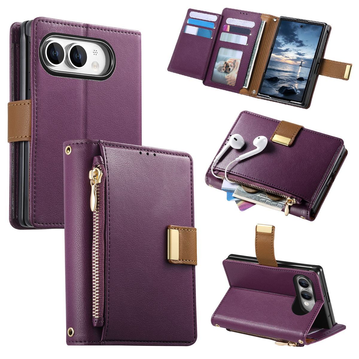 iPhone Duo Luxe Wallet Case with Zipper Pocket, Card Holder & Kickstand
