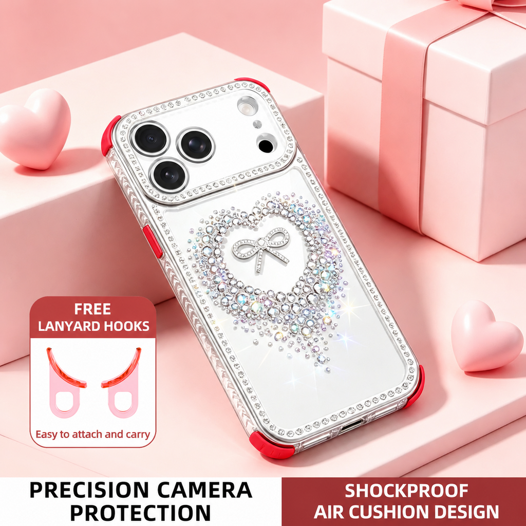 LuxeHeart Rhinestone Sparkle Case – Crystal Bling Shockproof Cover with FREE Lanyard Hooks