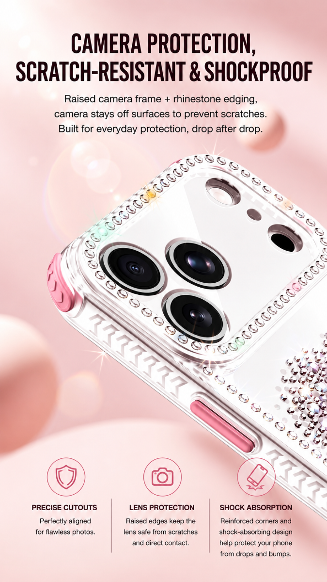 LuxeHeart Rhinestone Sparkle Case – Crystal Bling Shockproof Cover with FREE Lanyard Hooks