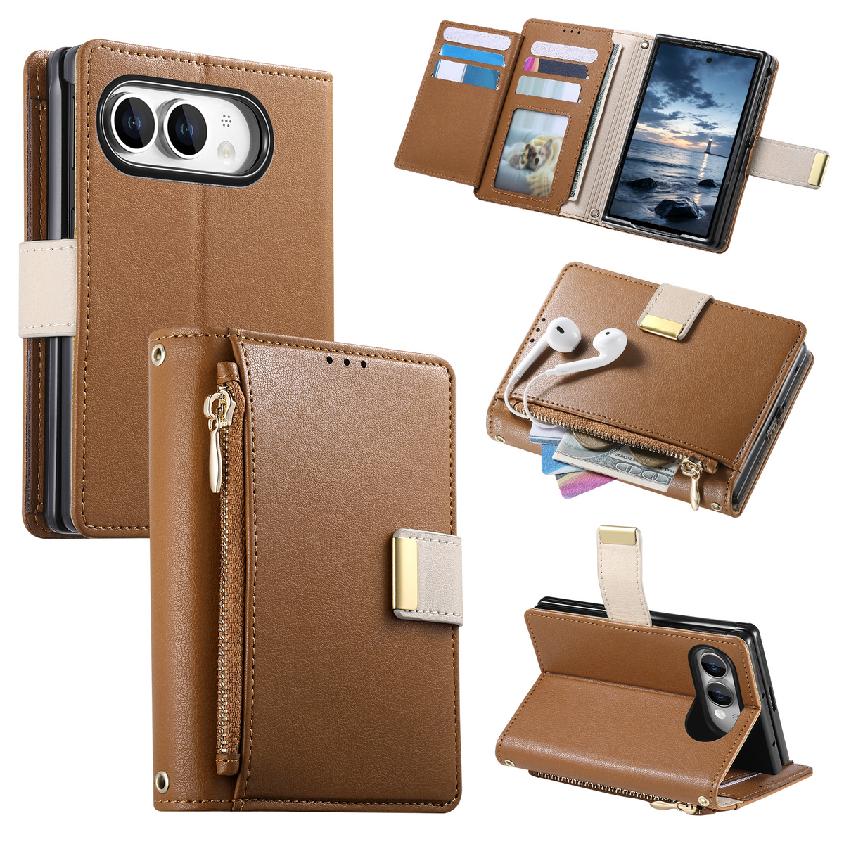 iPhone Duo Luxe Wallet Case with Zipper Pocket, Card Holder & Kickstand