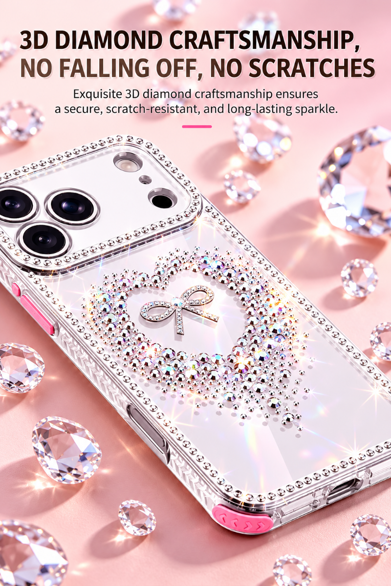 LuxeHeart Rhinestone Sparkle Case – Crystal Bling Shockproof Cover with FREE Lanyard Hooks